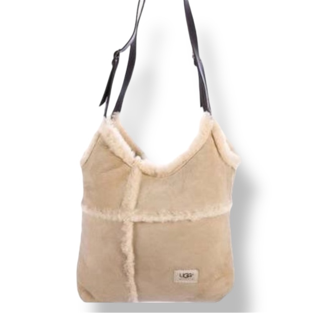 UGG Large Tan Leather Cream Shearling Hobo Purse Shoulder Bag w Brown Wallet